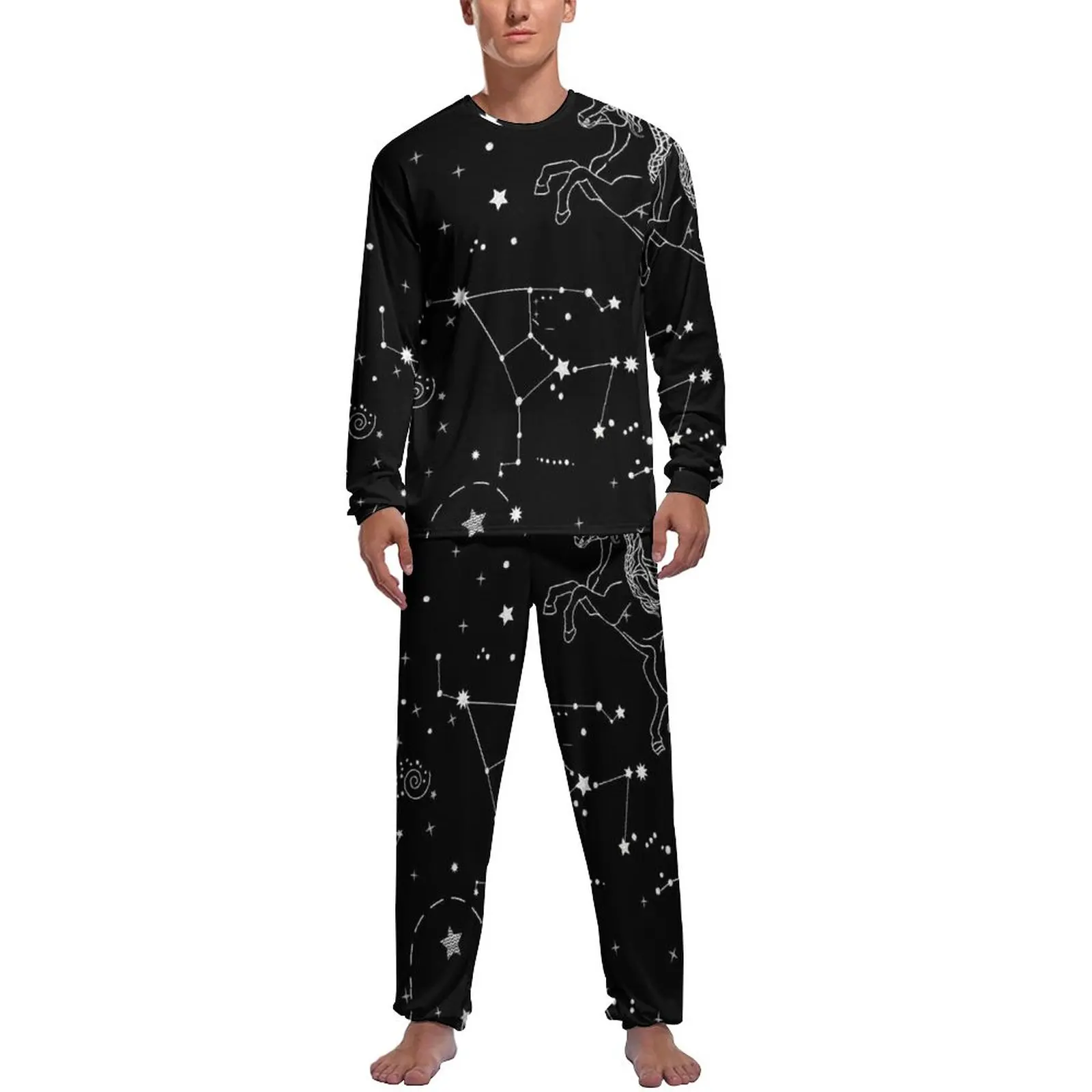 

Unicorn Pajamas Men Stars Print Constellation Trendy Nightwear Winter Long Sleeve 2 Pieces Leisure Graphic Pajamas Set