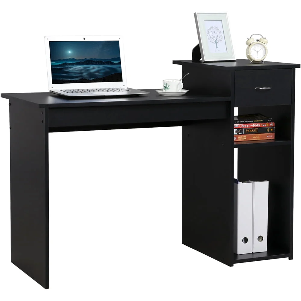 

Home Office Workstation Computer Desk with Drawer and Storage, Black Standing Desk Furniture Gaming Table