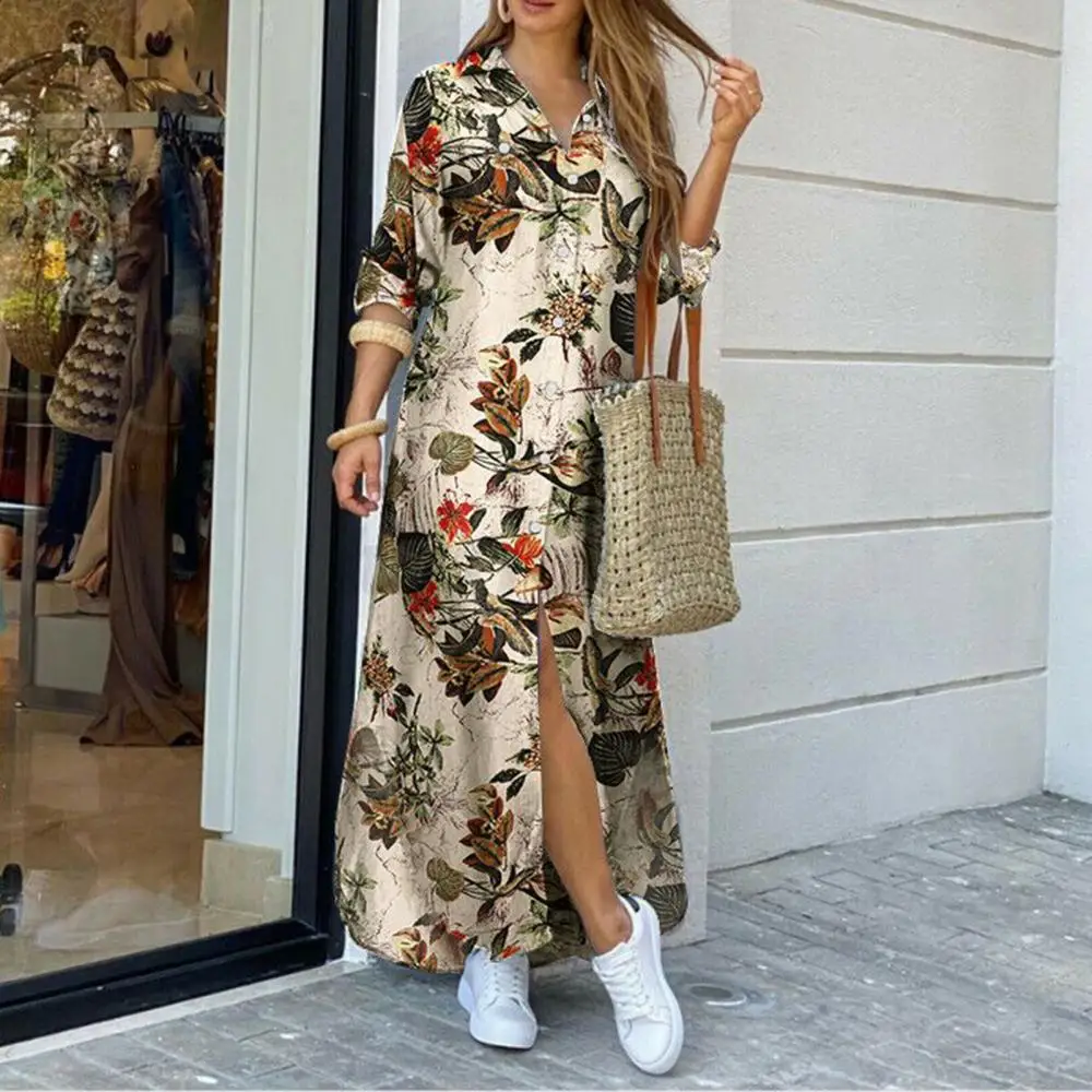 

Long Sleeve Dress Fashion Women Flowers Leopard Camo Print Split Hem Maxi Shirt Dress