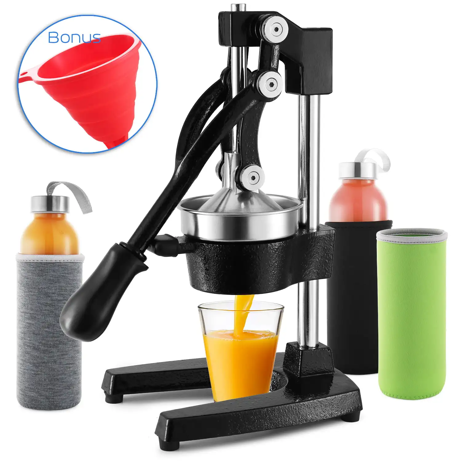Professional Citrus Juicer Set – 7 Piece Heavy-Duty Cast Iron Commercial Juice Press With Glass Juice Bottles and Funnel
Professional Citrus Juicer Set – 7 Piece Heavy-Duty Cast Iron Commercial Juice Press With Glass Juice Bottles and Funnel