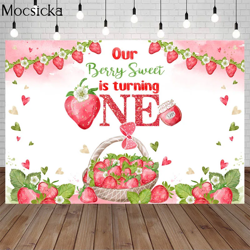 

Mocsicka Our Berry Sweet In Turning One Backdrops Strawberry Girl Birthday Party Decoration Baby Shower Background Photo Studio