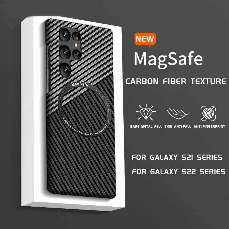 

Чехол из углеродного волокна для Magsafe с беспроводной зарядкой для Samsung Galaxy S23 S22 Ultra S21 Plus, магнитный адсорбирующий ударопрочный жесткий чехол из поликарбоната