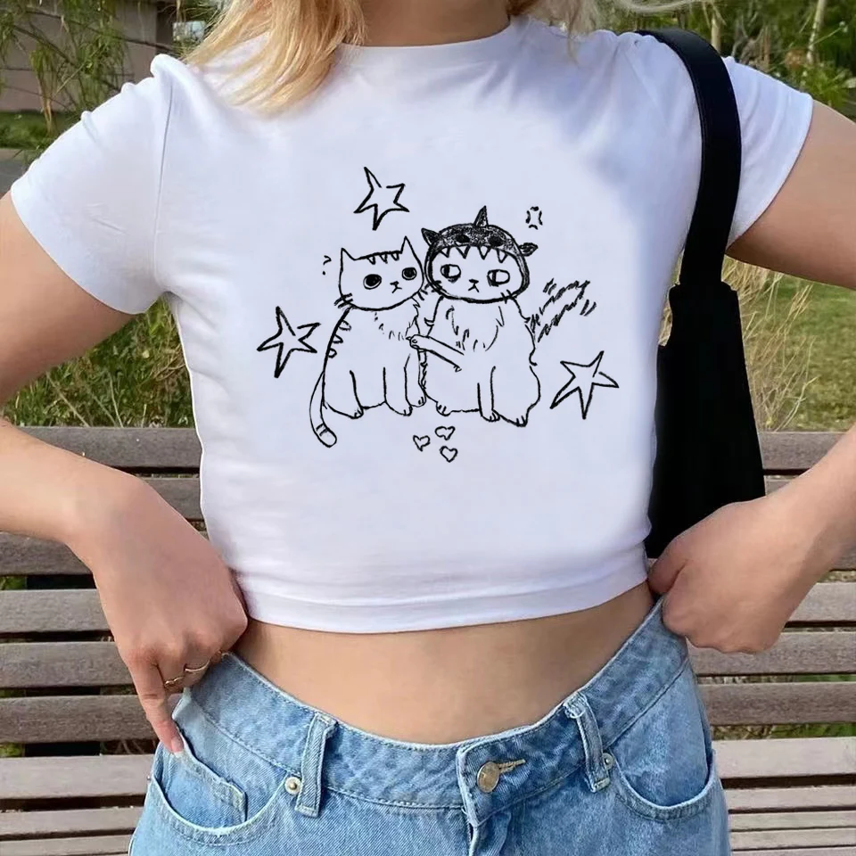 

Модная эстетичная одежда, повседневный укороченный топ с принтом милого кота, женская футболка с мультяшным рисунком, модная летняя футболка с коротким рукавом