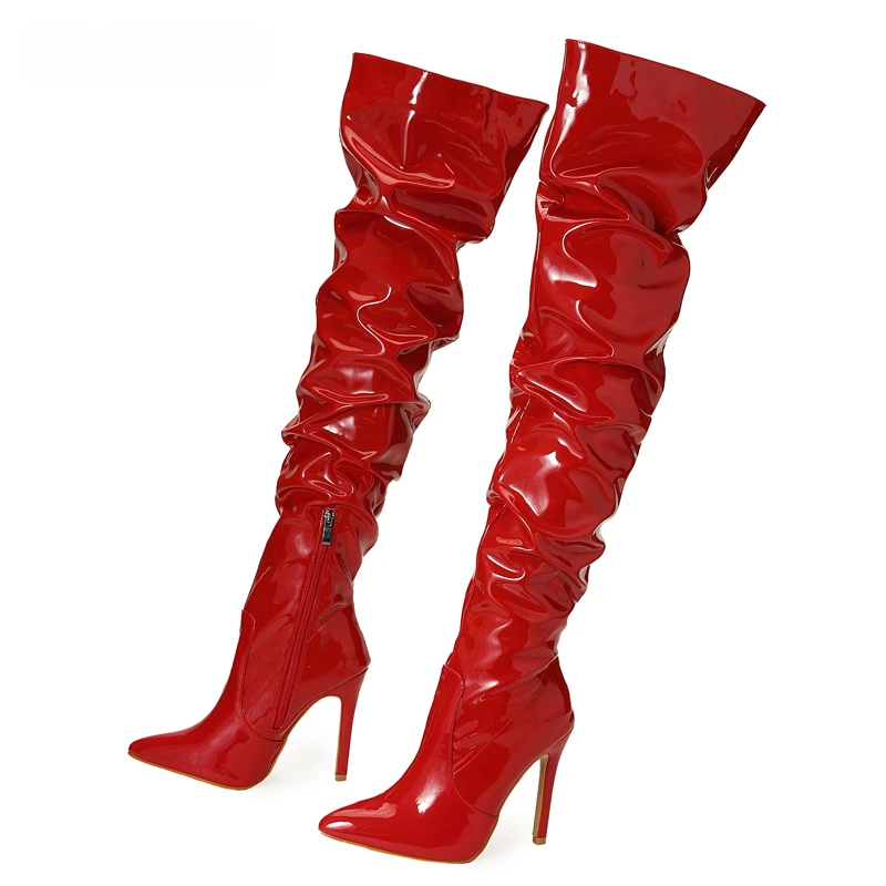 

2023 New Red Women Over The Knee Boots High Heels Patent Leather Solid Pointed Toe Stiletto Side Zipper Sapatos Femininos