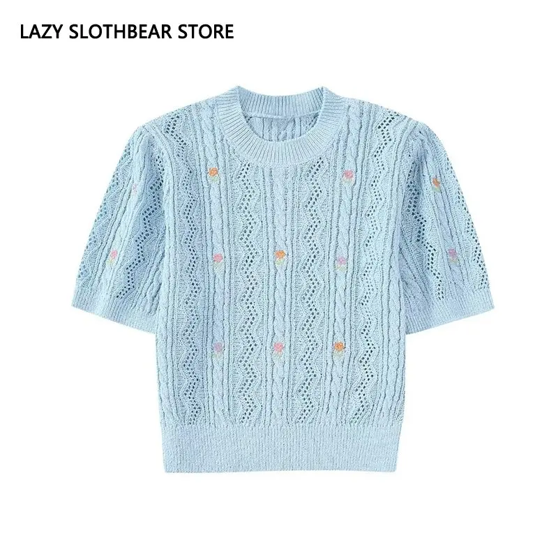 

New Autumn Knitwear Shirt Women Short Sleeve Crop Knitted Top Flower Embroidered Crop Knit Top Pretty Style Shirt