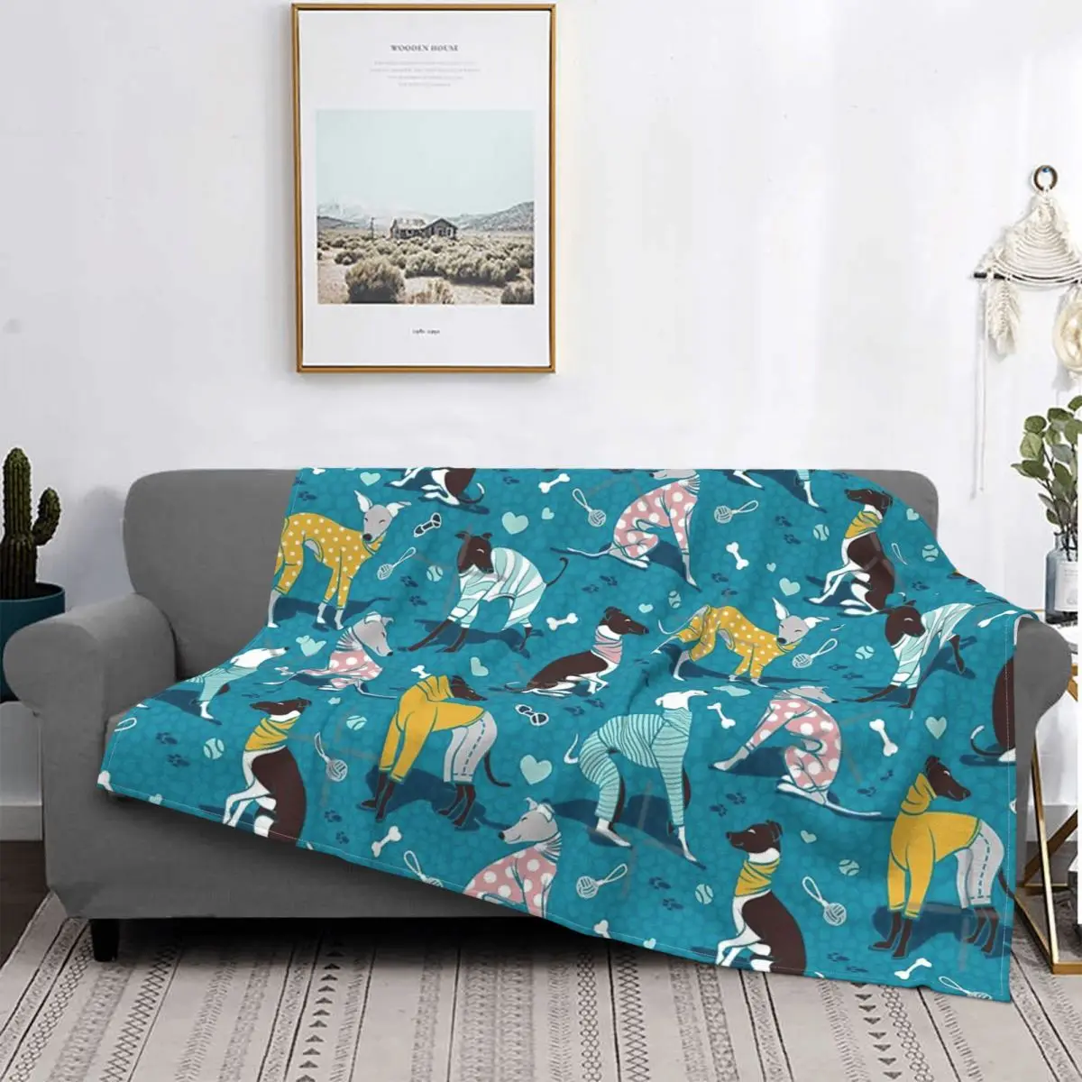 

Greyhounds Dogwalk Turquoise Background Throw Blanket Carpet Flannel Winter Bed Blankets Polar Blanket Soft
