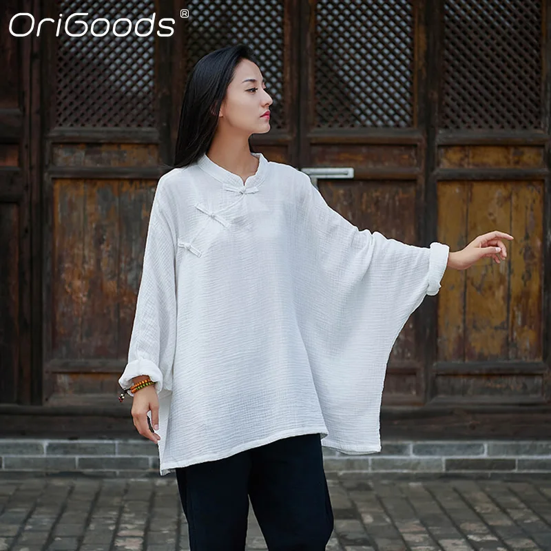 

OriGoods Novelty Blouse Women Oversized Blouse Shirt Cotton Chinese style Spring 2022 Blouse Oversize Batwing sleeve Tops B279
