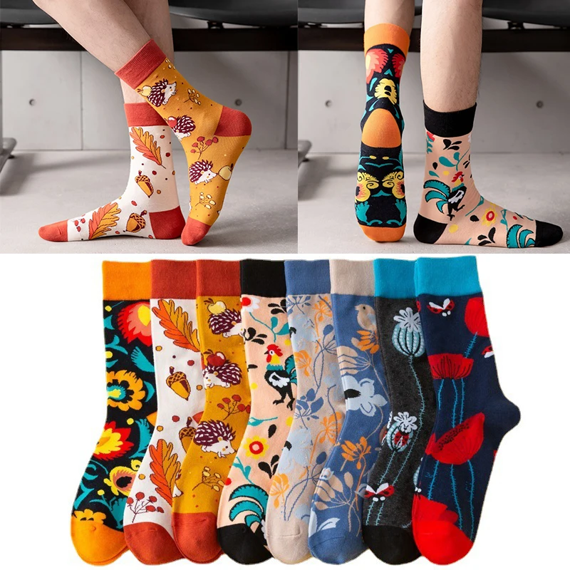 

Fashion Happy Mens Socks Women Novelty Animal Bat Leopard Rooster Combed Cotton Funny Men's Crew Harajuku Hip Hop Socks