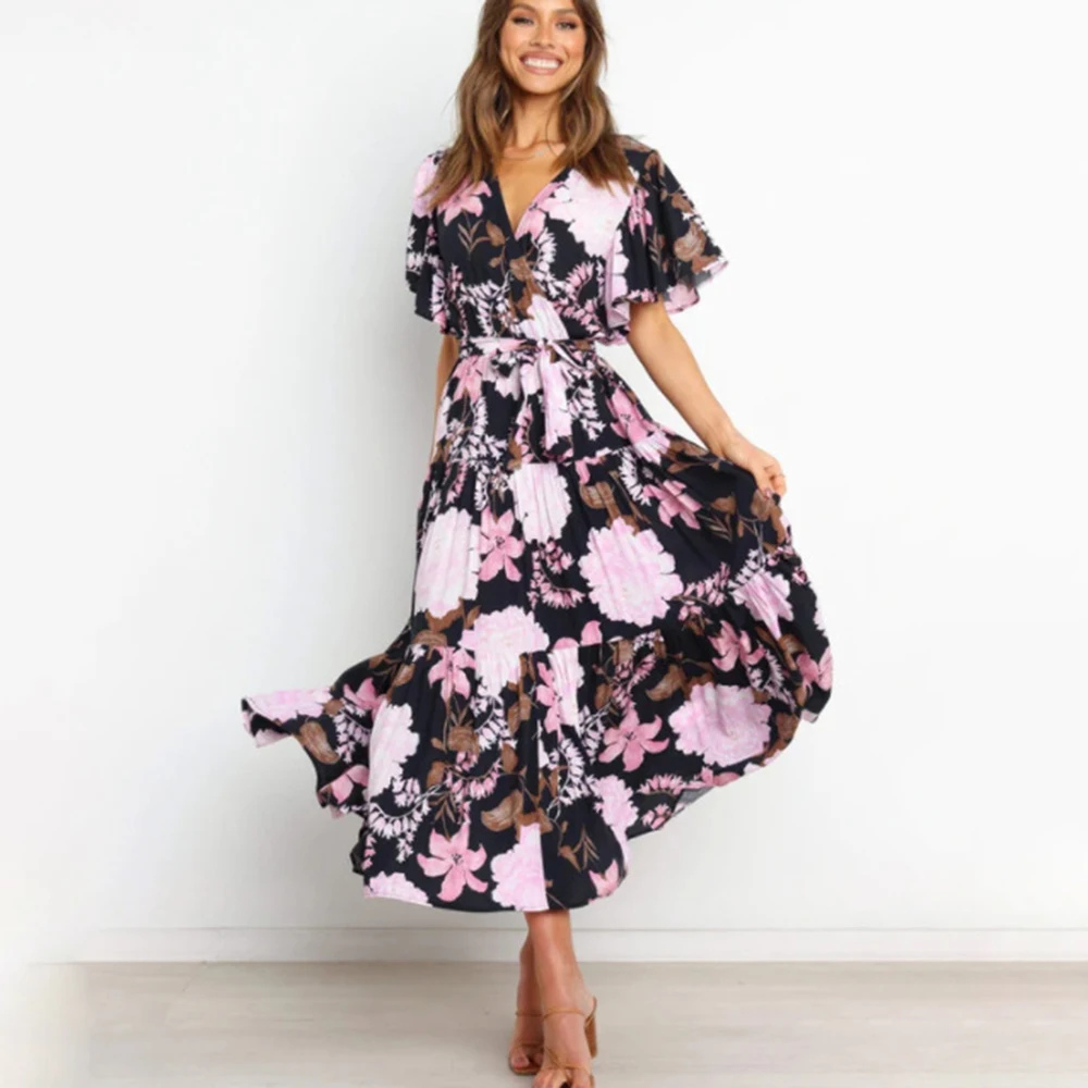 Summer Boho Short Sleeve Print Midi Dresses For Women 2022 Fashion V-neck Floral Vestidos Casual Lace Up A-line Folds Dress Lady
Summer Boho Short Sleeve Print Midi Dresses For Women 2022 Fashion V-neck Floral Vestidos Casual Lace Up A-line Folds Dress Lady