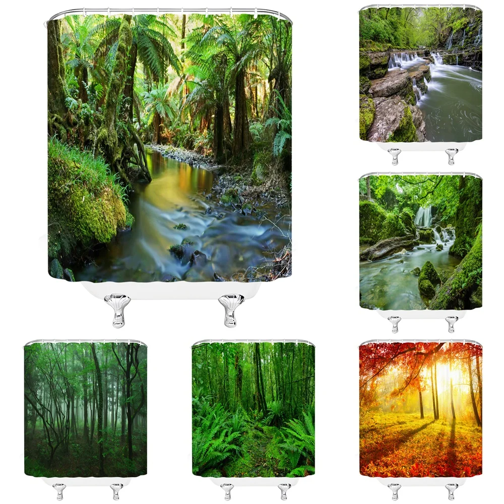 

Modern 3D Rainforest Forest Scenery Shower Curtain Green Plant Trees Waterfall Landscape Bath Curtains For Bathroom Waterproof