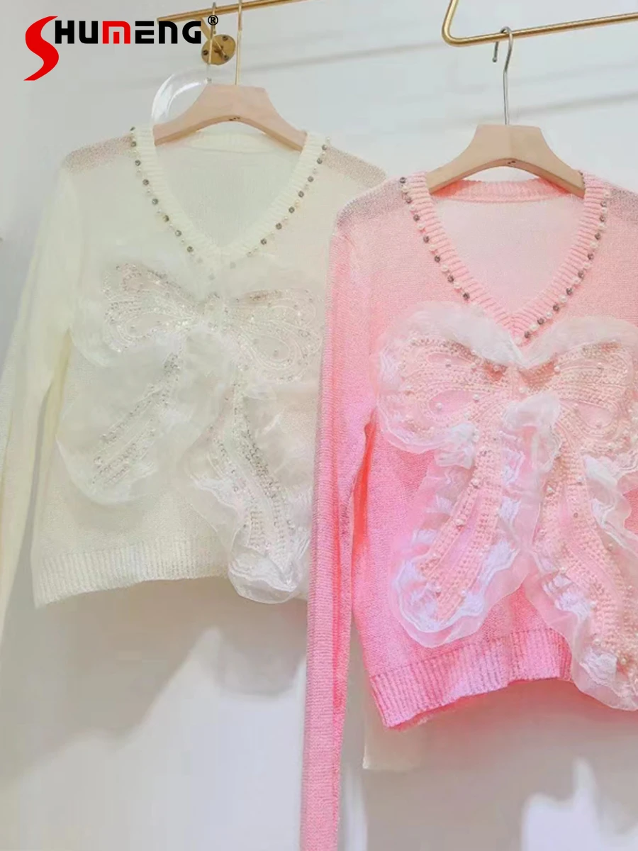 Women's 2022 Autumn New Korean Style Fashion Sweet Knitted Top Ladies Fairy Beads Bow Loose Slimming Pullover V-neck Sweater
Women's 2022 Autumn New Korean Style Fashion Sweet Knitted Top Ladies Fairy Beads Bow Loose Slimming Pullover V-neck Sweater