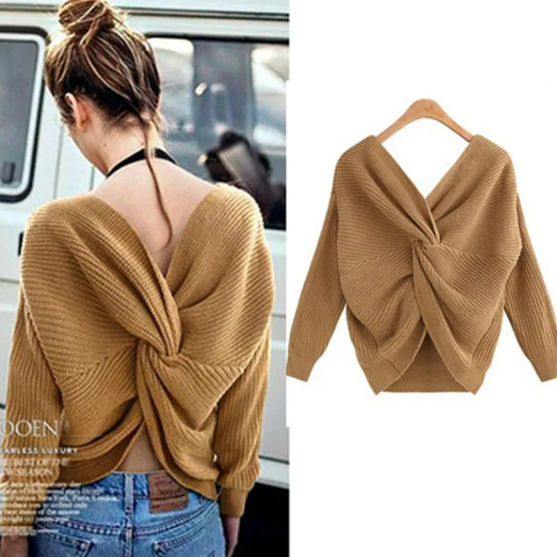 

Autumn Women Sexy Criss-cross Irregular Sweater Female Fashion Deep V-neck Reversible Pullover Knit Tops Solid Lazy Streetwear