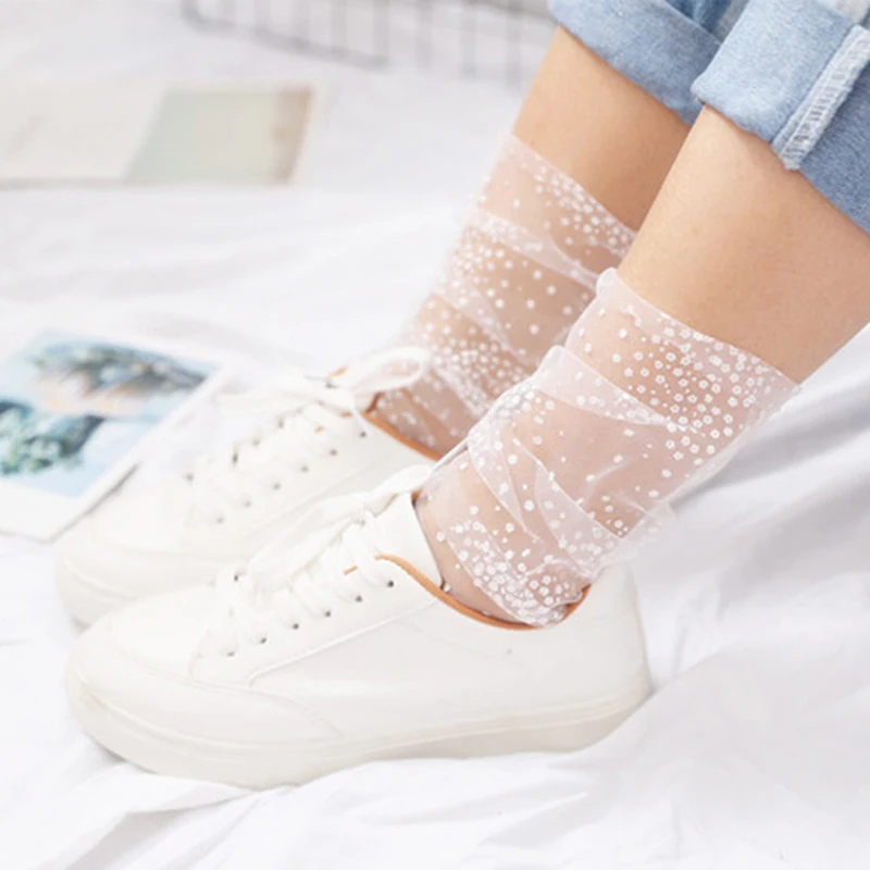 

Women Dots Lace Mesh Fishnet Socks Mixed Fiber Transparent Stretch Elasticity Middle Tube Sock Summer Female Thin Cool Sock New