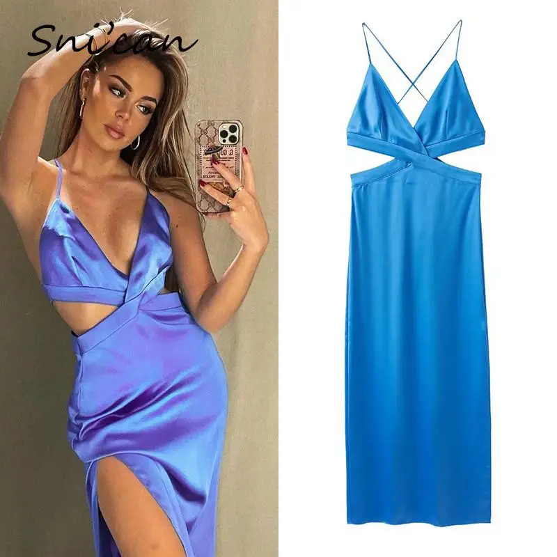 Вечернее Клубное атласное сексуальное платье для женщин, летние женские платья миди с глубоким V-образным вырезом и открытой спиной, винтаж... 
Вечернее Клубное атласное сексуальное платье для женщин, летние женские платья миди с глубоким V-образным вырезом и открытой спиной, винтаж...