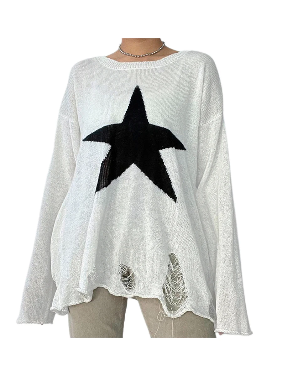 Женский трикотажный свитер с длинным рукавом и пентаграммой 
Женский трикотажный свитер с длинным рукавом и пентаграммой