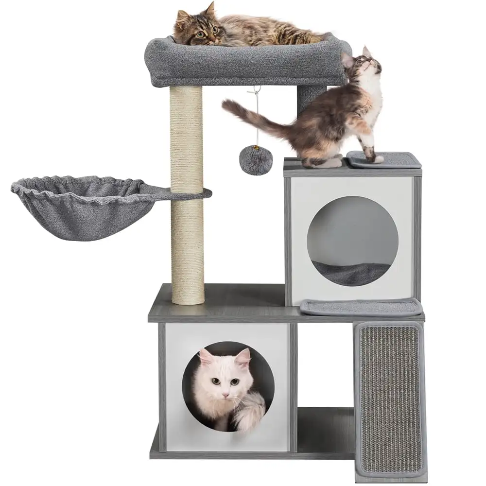 Pet Cat Supplies Multilevel Cat Tree Wooden Activity Tower with Two Condos Perch Scratching Posts Basket, Light Gray
Pet Cat Supplies Multilevel Cat Tree Wooden Activity Tower with Two Condos Perch Scratching Posts Basket, Light Gray