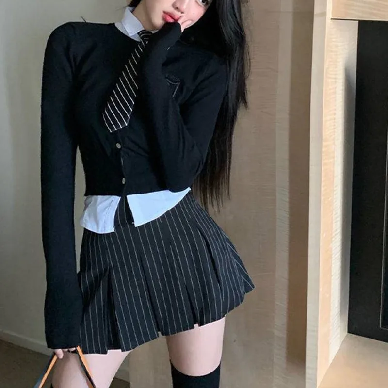 Preppy Style Women JK Set Cardigan + Skirt + Shirt 3 Pieces Black Skinny Office Lady Sexy Female Clothes Striped Mini Skirts
Preppy Style Women JK Set Cardigan + Skirt + Shirt 3 Pieces Black Skinny Office Lady Sexy Female Clothes Striped Mini Skirts