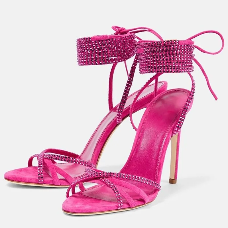 Fuchsia Suede Crystal Embellished Ankle Wrap High Heel Sandals Peep Toe Thin Heels Tie Up Women Banquet Bride Shoes
Fuchsia Suede Crystal Embellished Ankle Wrap High Heel Sandals Peep Toe Thin Heels Tie Up Women Banquet Bride Shoes