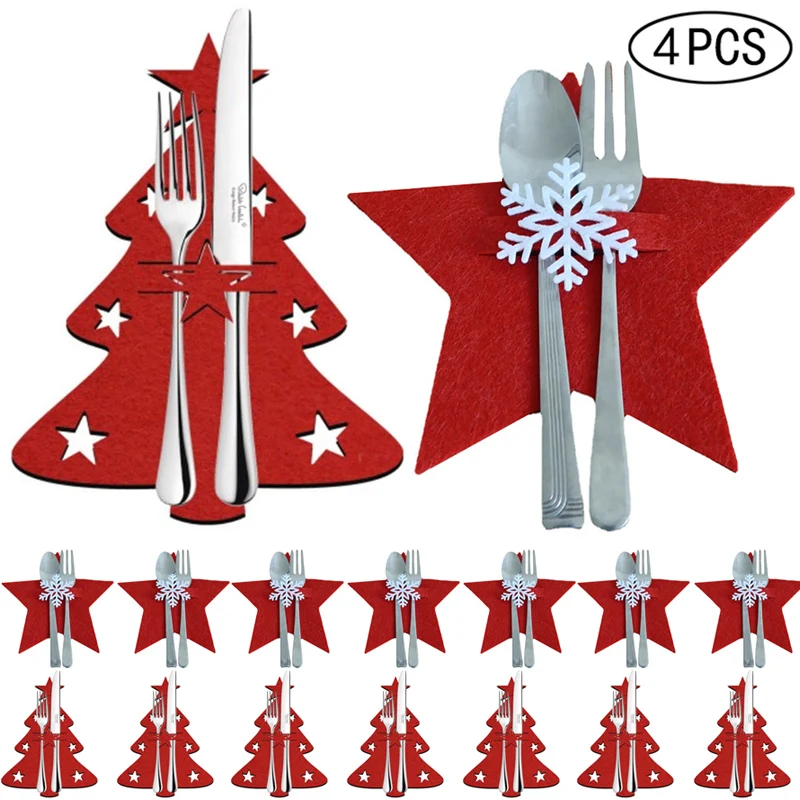 

4pcs Xmas Cutlery Bag Pocket Christmas Tree Stars Snowflake Fork Knife Spoon Holder Bags for Kitchen Tableware Organizer Decors