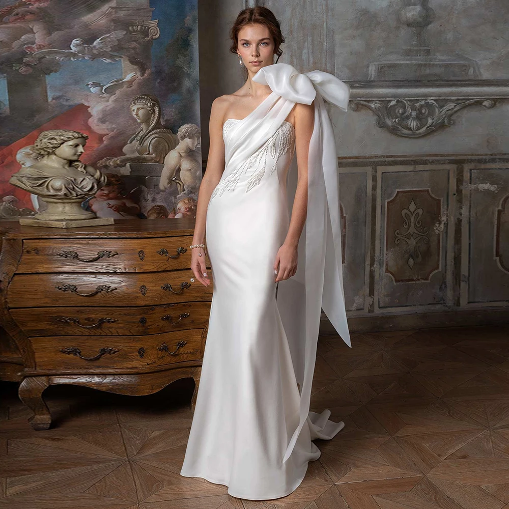 2022 One Shoulder Mermaid Bow Wedding Dress For Women Elegant Strapless Bride Dress Long Wedding Guest Gowns Vestido De Novia
2022 One Shoulder Mermaid Bow Wedding Dress For Women Elegant Strapless Bride Dress Long Wedding Guest Gowns Vestido De Novia