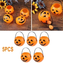 5pcs Halloween Pumpkin Bucket Sweet Candy Holder Portable Basket Kids Trick Or Treat Bucket Halloween Party Decoration Supplies