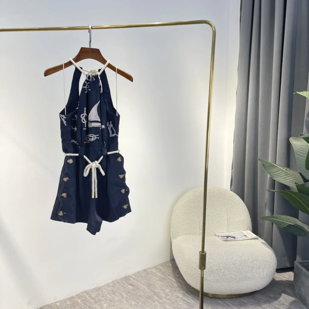 Rompers for Women 2022 Summer New High Quality Rope Self Tie Sleeveless Halter Navy Blue Playsuits
Rompers for Women 2022 Summer New High Quality Rope Self Tie Sleeveless Halter Navy Blue Playsuits