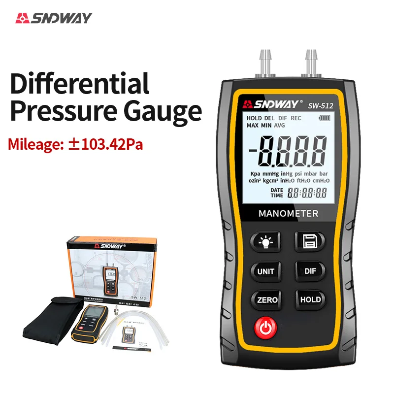 SNDWAY differential pressure gauge handheld LCD digital dual-port pressure gauge differential pressure gauge tester SW-512
SNDWAY differential pressure gauge handheld LCD digital dual-port pressure gauge differential pressure gauge tester SW-512