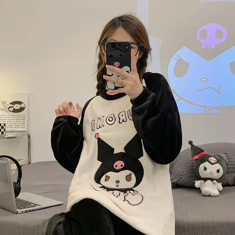 Новинка пижамный комплект Sanrio Kuromi женская зимняя теплая Милая пижама с принтом