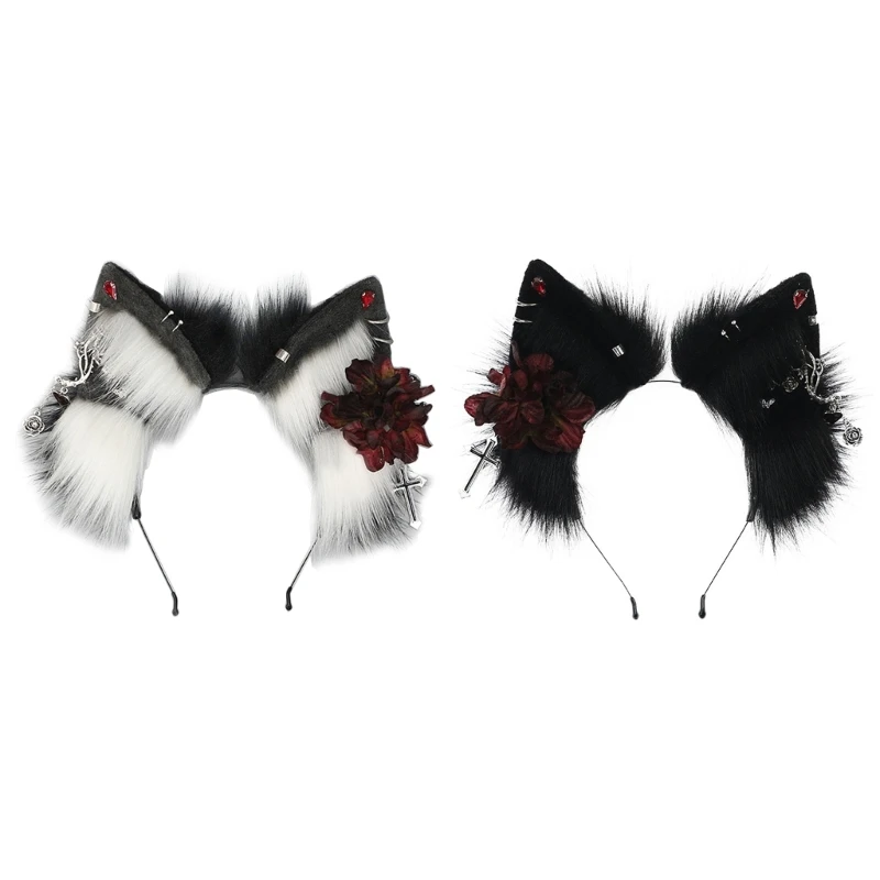 

Ethnic Students Unisex Photoshoots Hairband with Flower&Earring Decors Wolf Ear Headbands Cartoon Halloween Hair Hoop D5QB