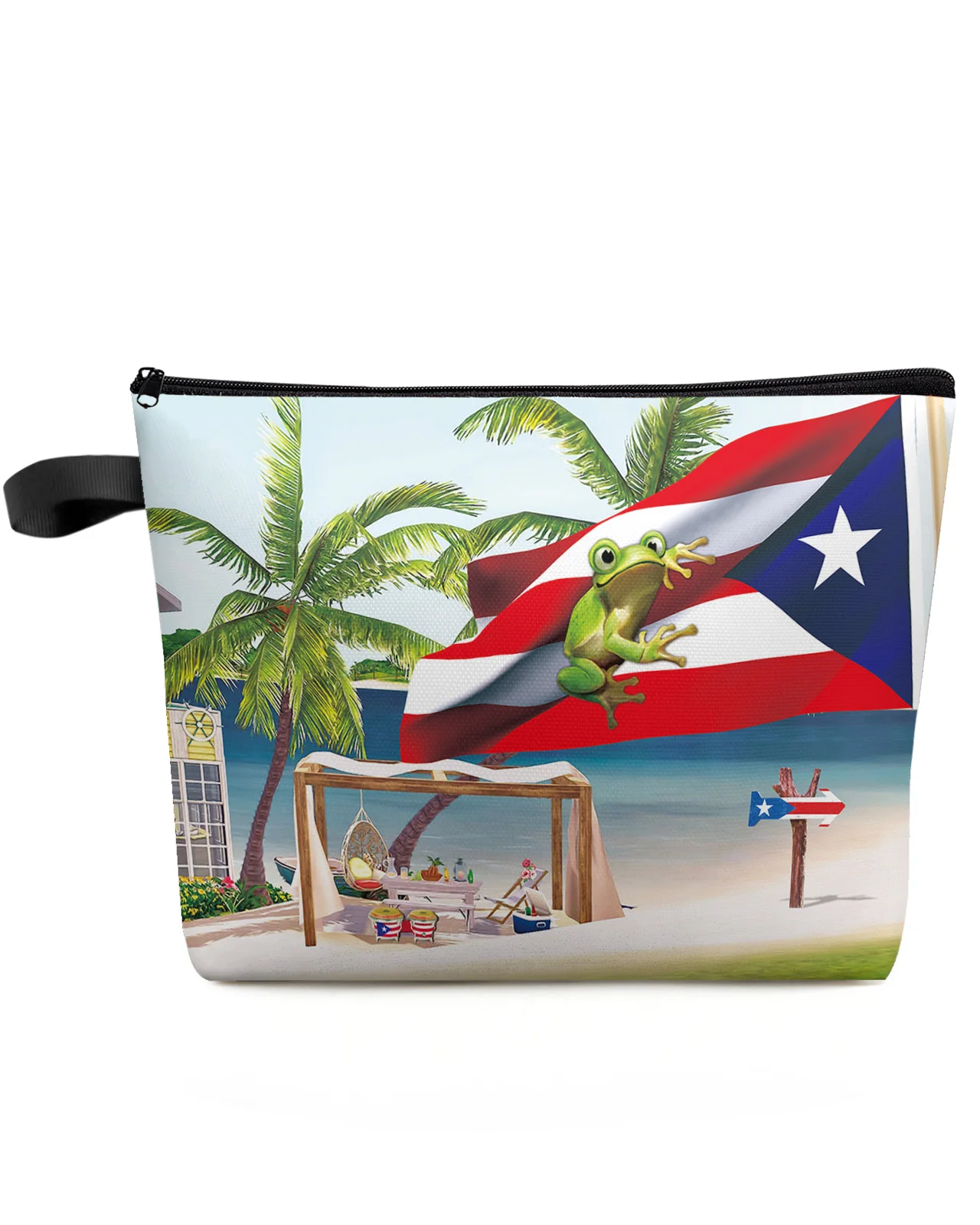 

Palm Tree Puerto Rico Flag Frog Beach Custom Travel Cosmetic Bag Portable Makeup Storage Pouch Women Waterproof Pencil Case