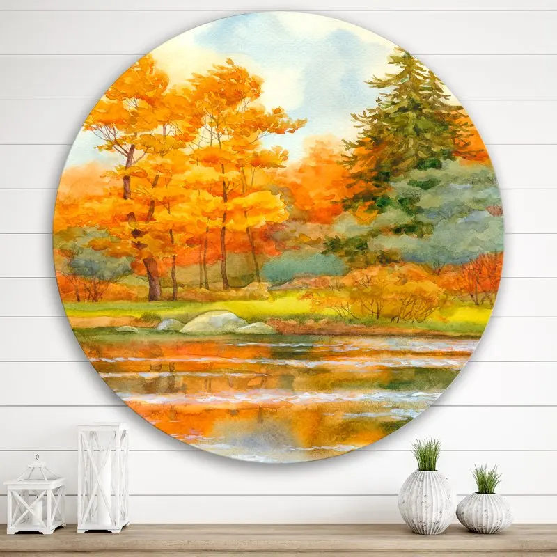 

«Осенний лес на озерной стороне» озеро дом круг металлическая стена искусство 36x36-диск из 36