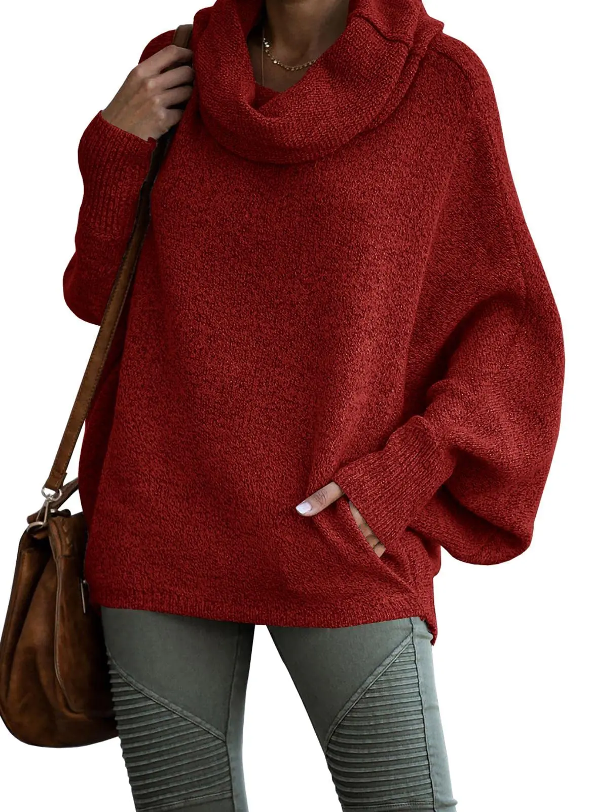 

Womens Cowl Neck Pullover Sweater with Pockets Batwing Long Sleeve Sweatshirts Casual Lantern Turtleneck ​Jumper Tops