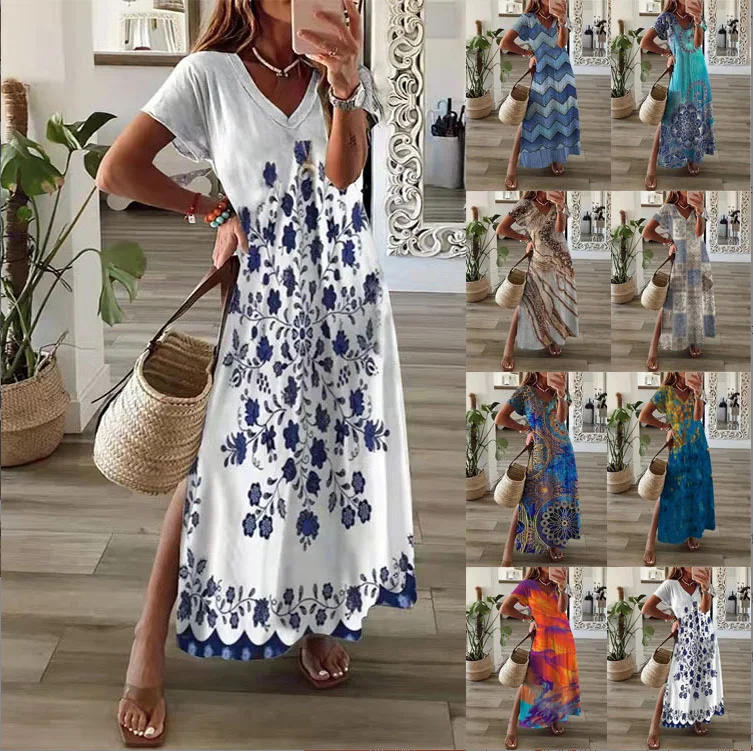 Женское платье с коротким рукавом, V-образным вырезом и принтом
Женское платье с коротким рукавом, V-образным вырезом и принтом