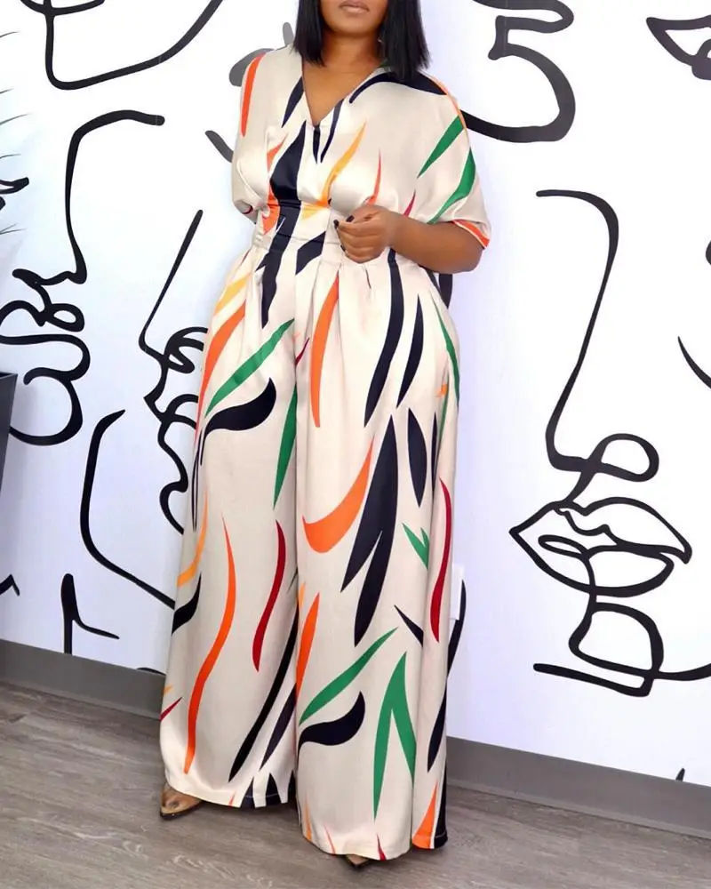 Jumpsuits Women One Piece New Summer V Neck Half Sleeve Overalls Print High Waist Wide Leg Long Pants Elegant Rompers 2023 
Jumpsuits Women One Piece New Summer V Neck Half Sleeve Overalls Print High Waist Wide Leg Long Pants Elegant Rompers 2023