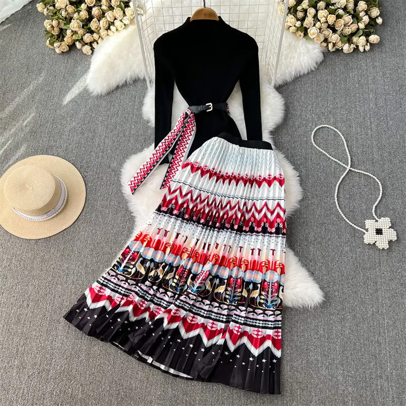 Fashion Sweater And Skirt Suit Women's Autumn Winter Stand Collar Slim Knitted Top 2 Piece High Waist Printed Pleated Skirt T513
Fashion Sweater And Skirt Suit Women's Autumn Winter Stand Collar Slim Knitted Top 2 Piece High Waist Printed Pleated Skirt T513