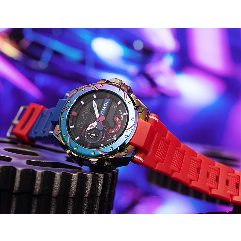 

Men's Sports Watches Smael Fashion Rainbow Watches Watcholorful Red Bracelet 50M Waterproof Alarm Clock Analog Digitals Watches