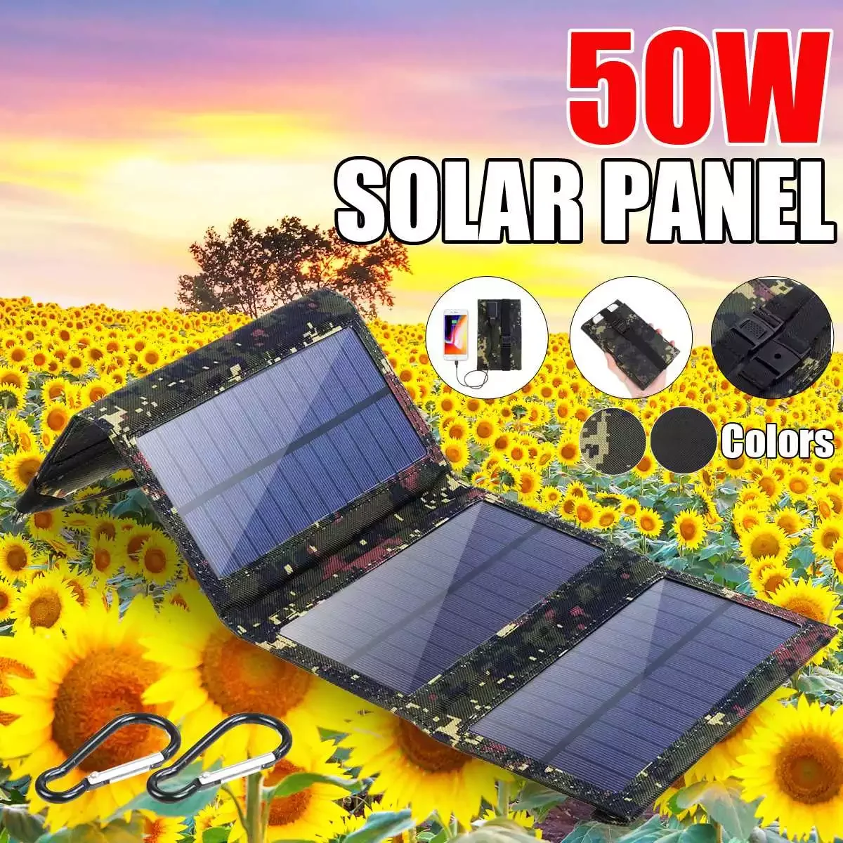 Foldable 50W Solar Panel 5V Sun power Solar Cells Folding Pack W/ 2 X Carabiners Portable Solar Charger for Phone Camping
Foldable 50W Solar Panel 5V Sun power Solar Cells Folding Pack W/ 2 X Carabiners Portable Solar Charger for Phone Camping