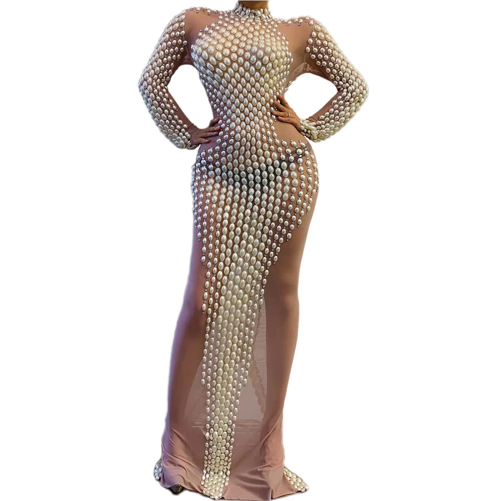 Nude Perspective Pearls Long Sleeves Sexy Split Dress For Women Banquet Evening Cloth Stage Entertainer Singer Costumes
Nude Perspective Pearls Long Sleeves Sexy Split Dress For Women Banquet Evening Cloth Stage Entertainer Singer Costumes