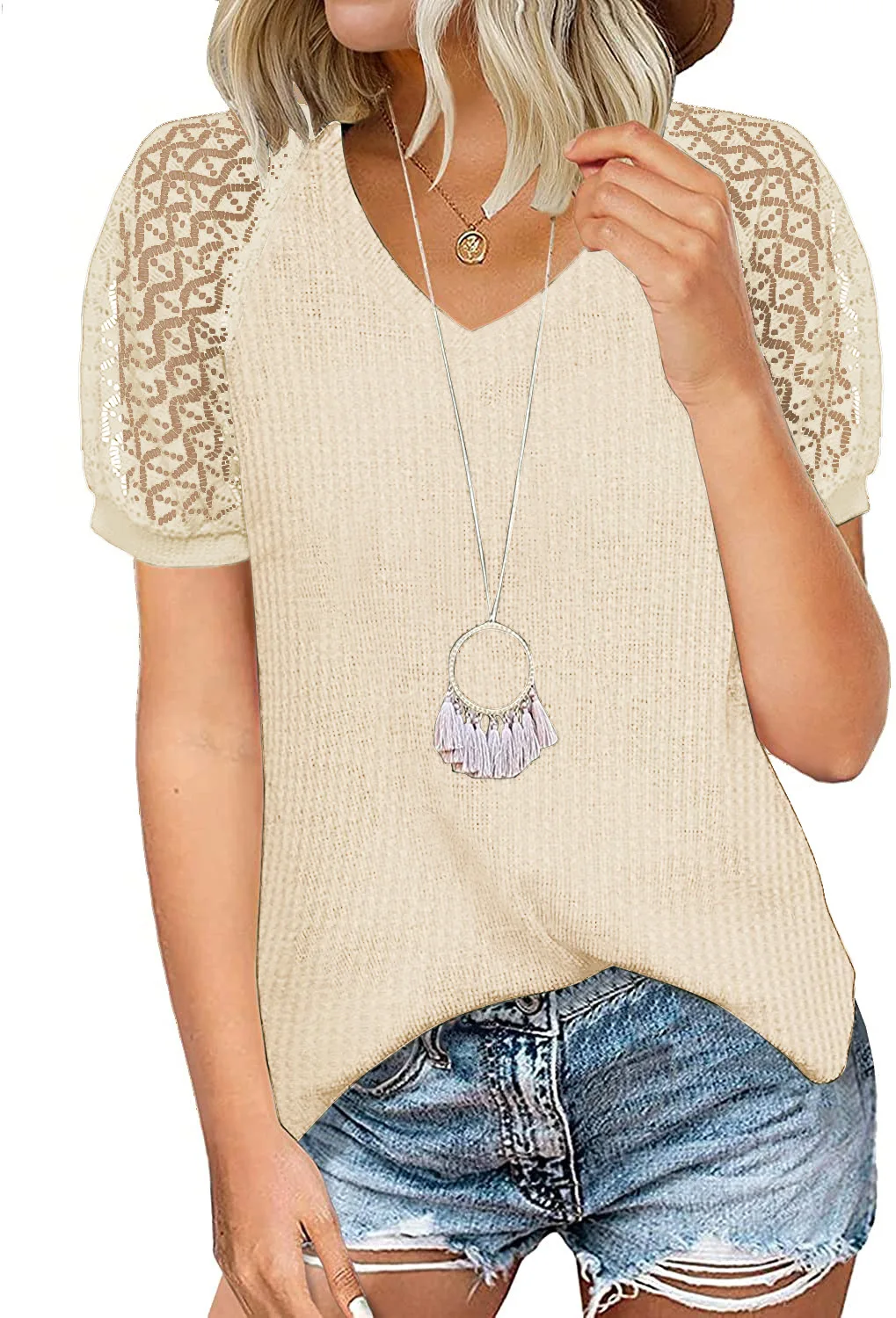Spring and Summer New Waffle Lace Short-sleeved V-neck T-shirt Graphic T Shirts For Women
Spring and Summer New Waffle Lace Short-sleeved V-neck T-shirt Graphic T Shirts For Women