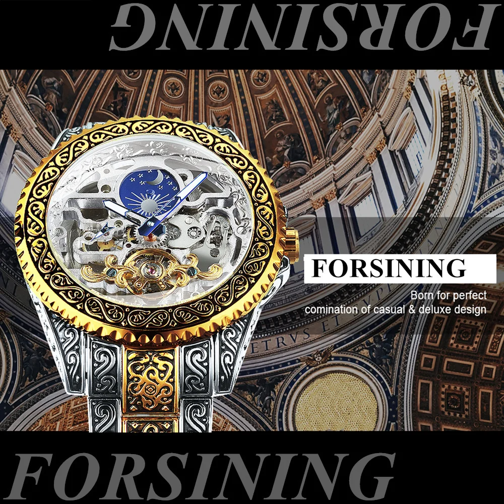 

Forsining Automatic Tourbillon Watch for Men Mechanical Skeleton Mens Watches Top Brand Luxury Engraved Vintage Moon Phase Steel