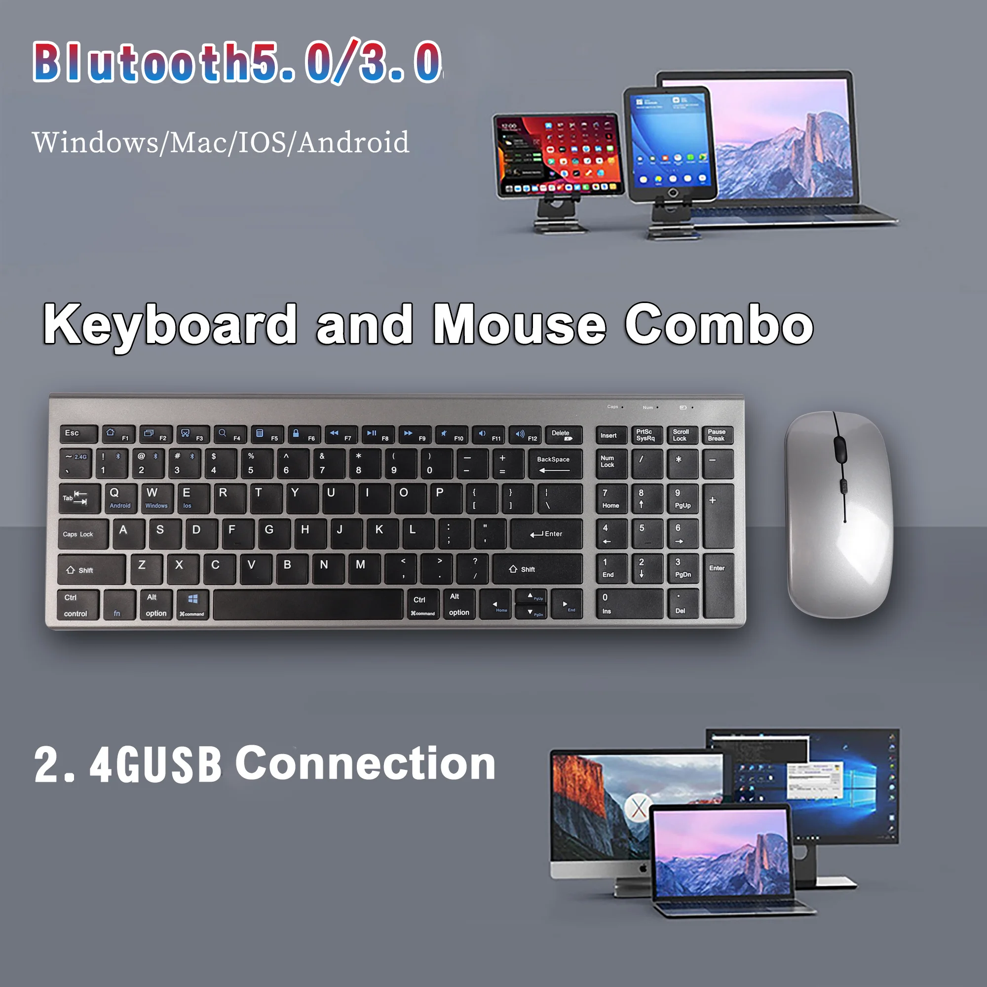 

Bluetooth Wireless Keyboard Mouse ComboTri-mode 109 Keys Multimedia Keyboard Mouse Set Rechargeable For Macbook iPad Laptop PC