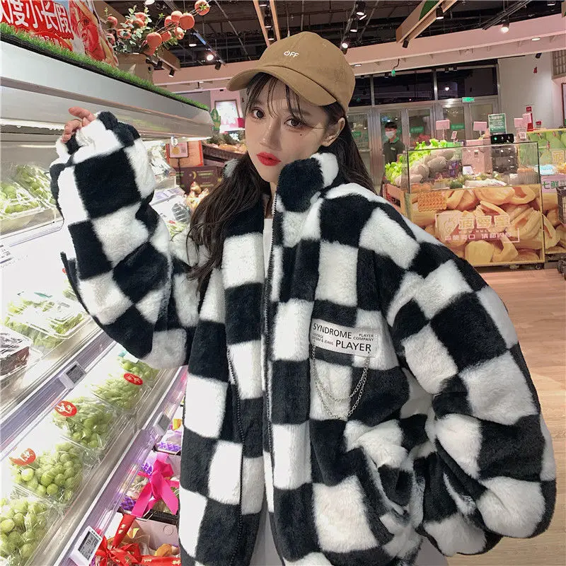 

Черно-белая шахматная куртка, женский узор, воротник-стойка, зима 2021, утолщенная Модная ретро Корейская мода на молнии, горячая распродажа