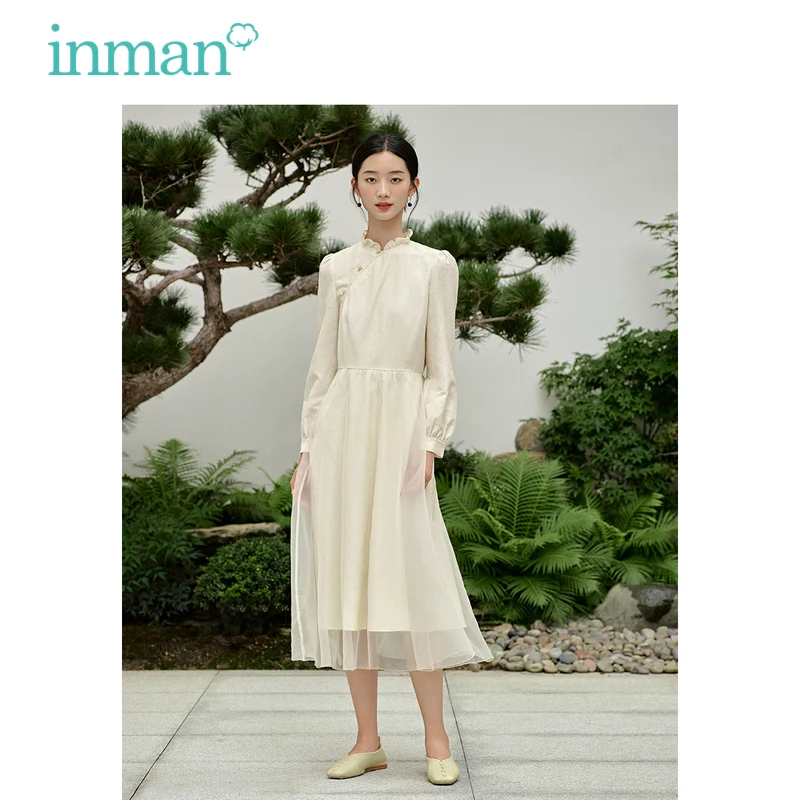 

INMAN Women Organza Dress 2023 Autumn Long Sleeve Ruffled Stand Collar A-shaped New Chinese Diagonal Placket Retro Long Skirt