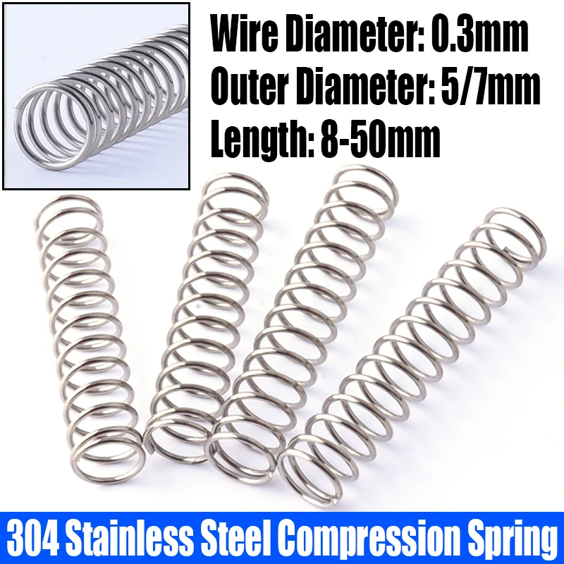 20PCS 0.3mm Wire Diameter Compression Spring 304 Stainless Steel Pressure Spring Return Spring 5/7mm Outside Diameter L=8-50mm
20PCS 0.3mm Wire Diameter Compression Spring 304 Stainless Steel Pressure Spring Return Spring 5/7mm Outside Diameter L=8-50mm