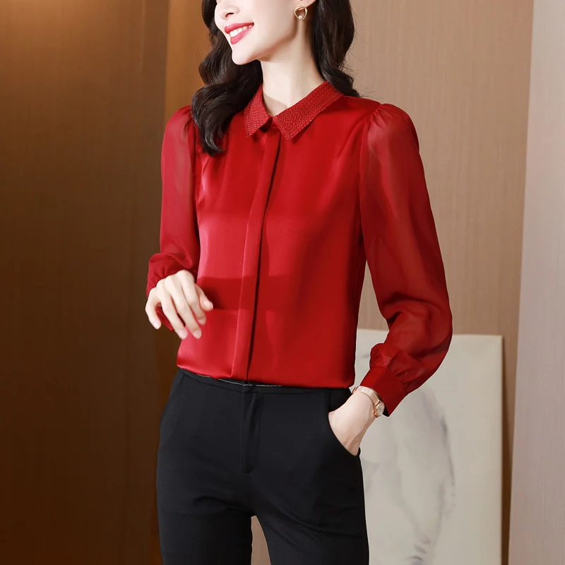 Silk Women's Blouse Solid Polo Girl's Shirt Fashion Loose Long Sleeve Top Casual Summer Chiffon Lady Blusas
Silk Women's Blouse Solid Polo Girl's Shirt Fashion Loose Long Sleeve Top Casual Summer Chiffon Lady Blusas