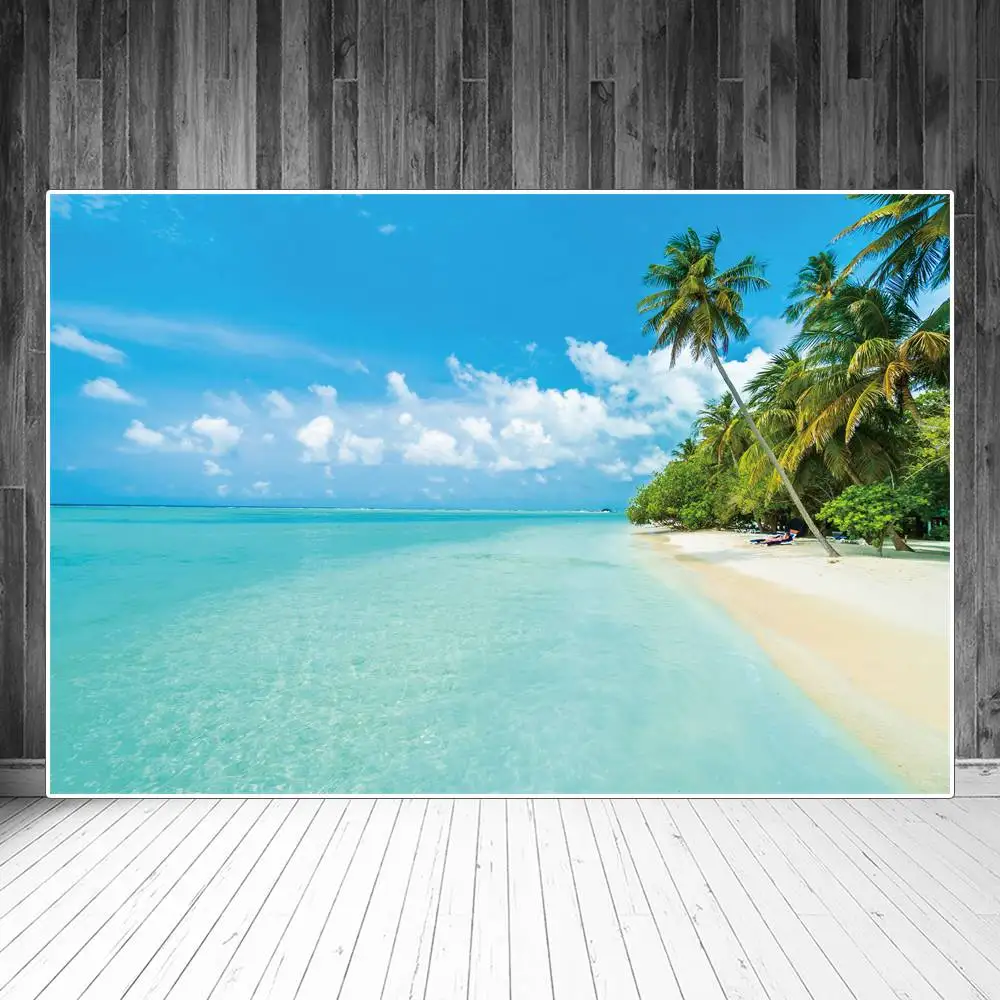 

Tropical Beach Backdrops Photography Party Decors Summer Holiday Coconut Trees Clouds Sky Sea Sign Photobooth Backgrounds Props