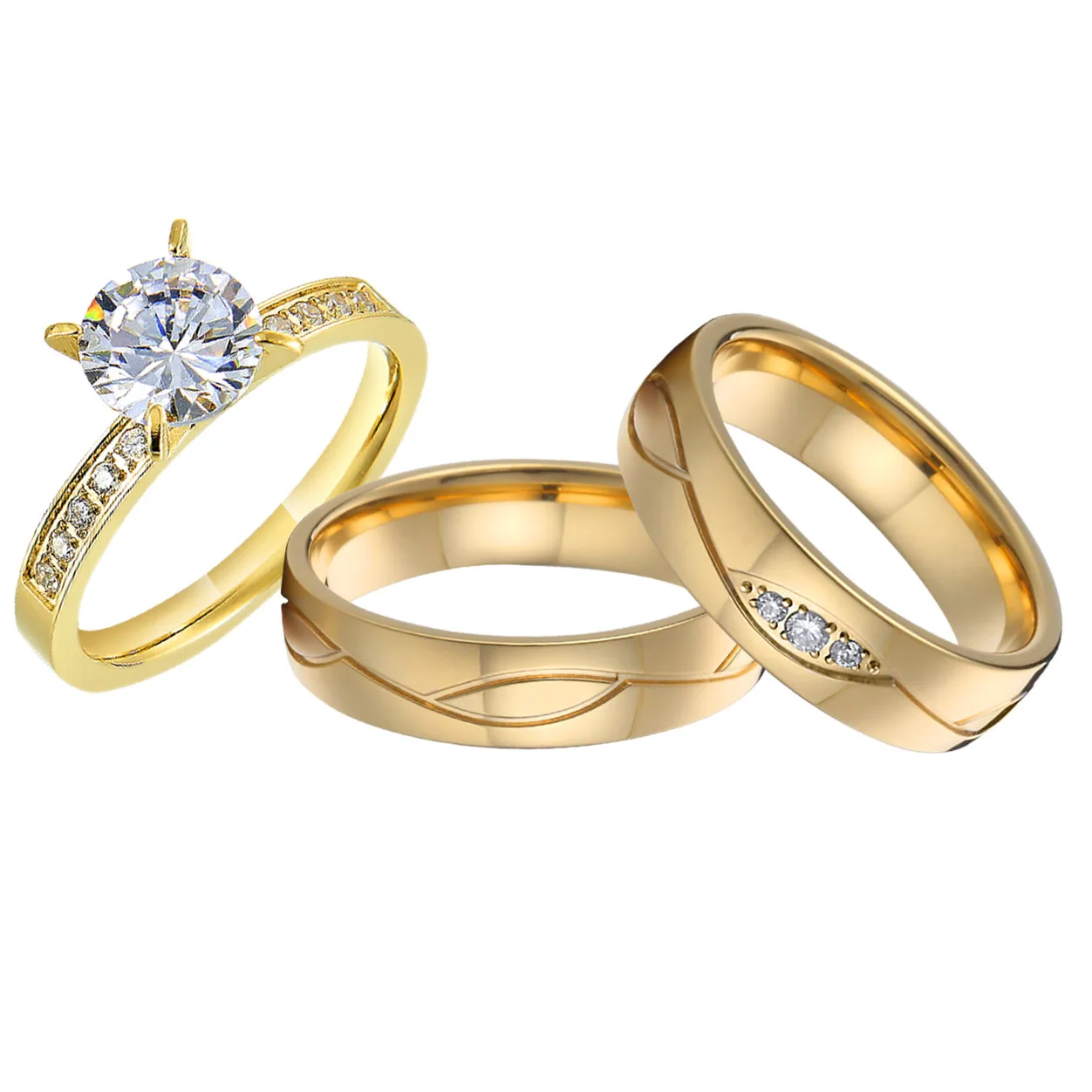

24k gold plated marriage engagement ring 3pcs lover's alliances proposal promise cz diamond wedding rings sets for couples