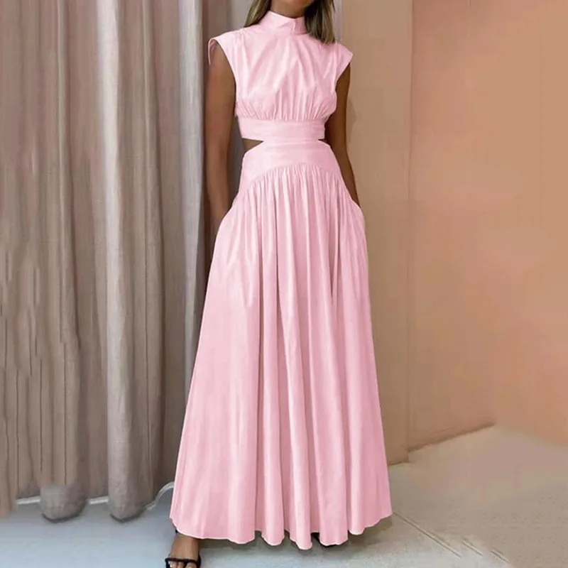 

Элегантное однотонное длинное платье без рукавов с открытой спиной, летнее привлекательное ажурное Плиссированное Платье Макси 2023, женское модное платье с высоким воротом