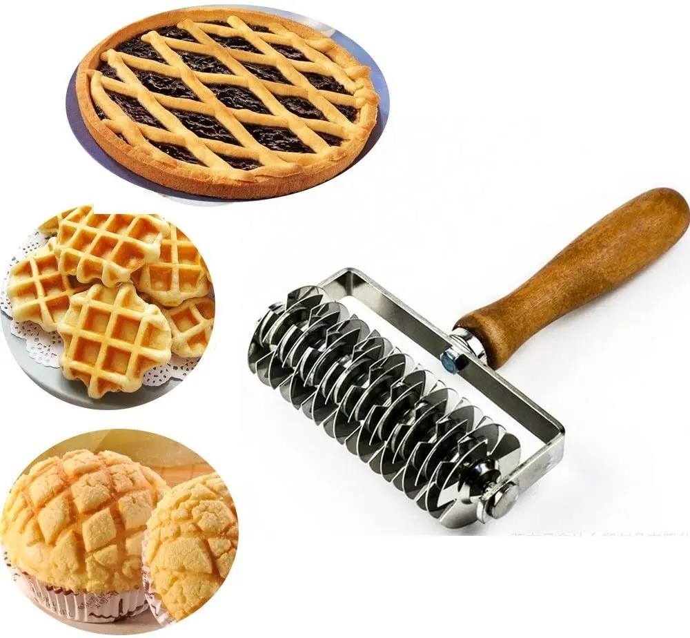 

stainless steel dough lattice top cookie pie pizza bread pastry crust roller cutter wood handle