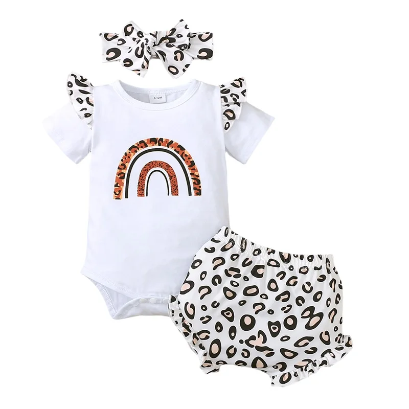 Baby Girl's Three-Piece Suit, Leopard Letter Rainbow Print Ruffle Short Sleeve Romper + Shorts + Headband
Baby Girl's Three-Piece Suit, Leopard Letter Rainbow Print Ruffle Short Sleeve Romper + Shorts + Headband